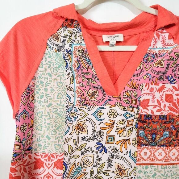 Umgee Coral Scarf Mixed Media Patchwork Raglan Sleeve Top - Picture 2 of 6